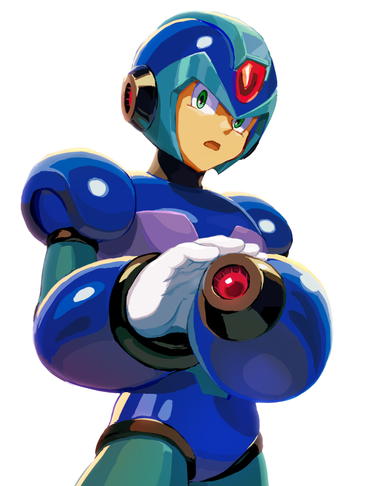 1boy android arm_cannon commentary_request gloves green_eyes helmet looking_at_viewer male_focus open_mouth rockman rockman_x simple_background solo user_fuyz3388 weapon white_background white_gloves x_(rockman)