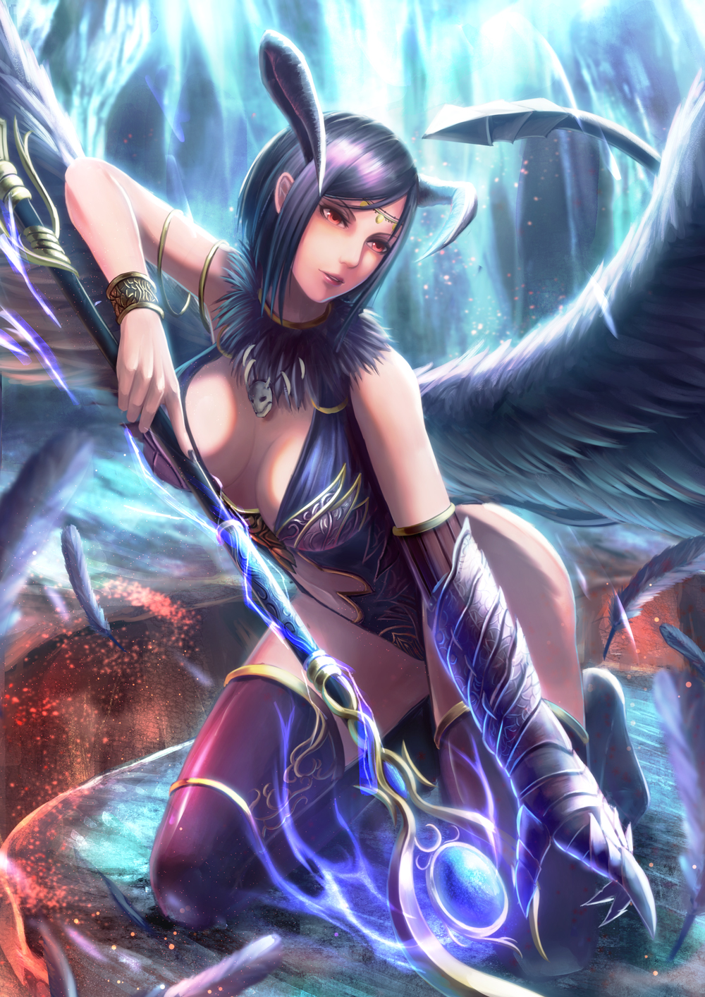 bad_id bad_pixiv_id banned_artist black_hair bracelet breasts circlet demon_girl demon_tail demon_wings highres jewelry large_breasts original red_eyes short_hair solo staff succubus tail thighs wings yazuwo