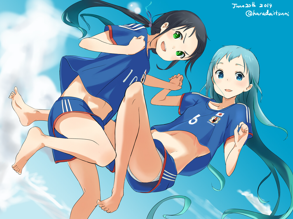 2girls :d bare_legs barefoot black_hair blue_eyes blue_hair blue_sky cloud dated day green_eyes harada_itsumi holding_hands japan kantai_collection looking_at_viewer low_twintails midriff multiple_girls navel open_mouth panties samidare_(kantai_collection) shorts sky smile suzukaze_(kantai_collection) twintails twitter_username underwear uniform upshorts v-shaped_eyebrows white_panties world_cup