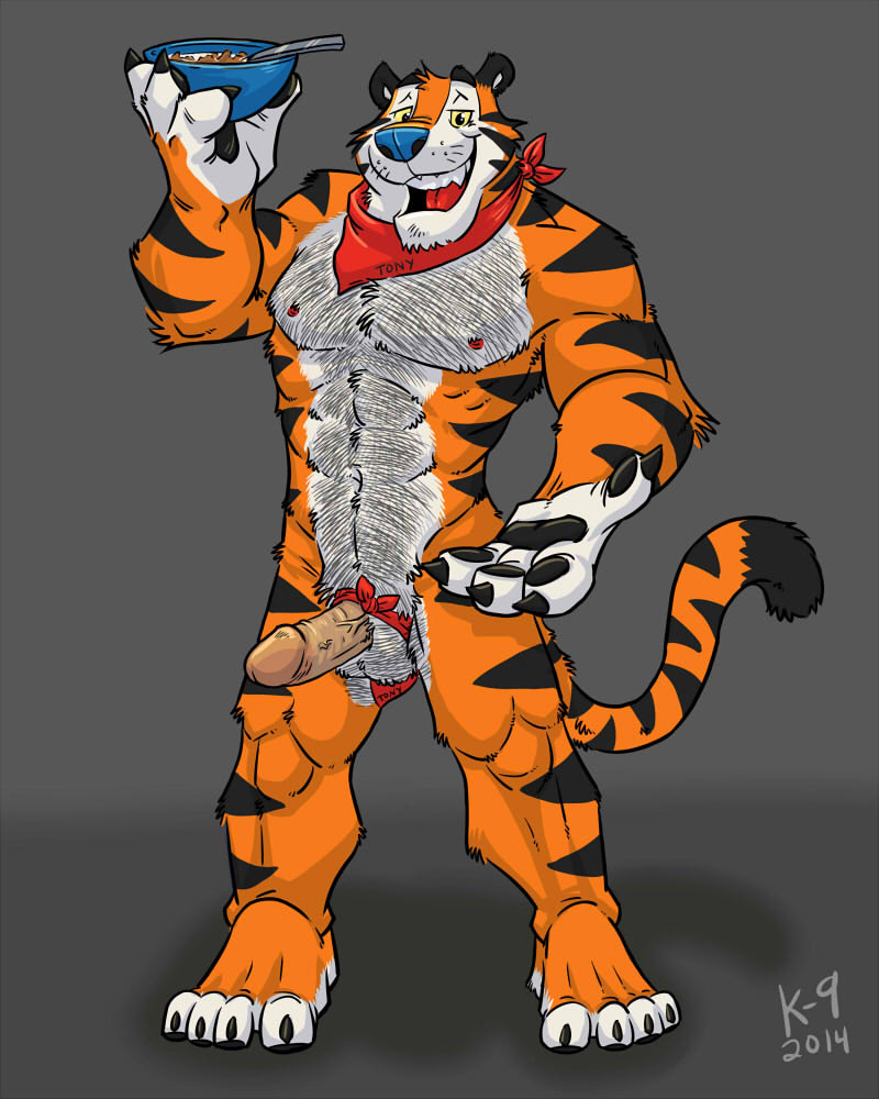 abs anthro balls biceps big_muscles cereal feline fur hair k-9 kellogg's kellogg's looking_at_viewer male mammal muscles nipples nude open_mouth pecs penis solo standing tiger tony_the_tiger