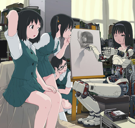 4girls android animated animated_png arm_behind_head arm_up blinking brown_eyes brown_hair easel glasses hairband lowres modeling multiple_girls one_eye_closed original painting parts_exposed pose posing printing ribbon school_uniform science_fiction short_hair sitting squinting sukabu ugoira