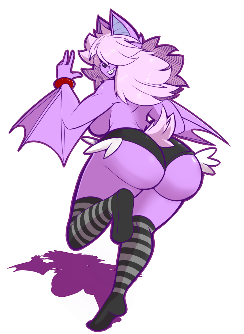 anthro back_turned bat big_breasts big_butt black_nose breasts bubblebutt butt eikasianspire_(artist) female from_behind fur hair hair_over_eyes huge_butt legwear mammal nice_ass pink_hair purple_fur running shadow side_boob skootch skootch_(character) smile stockings underwear wide_hips winged_arms wings