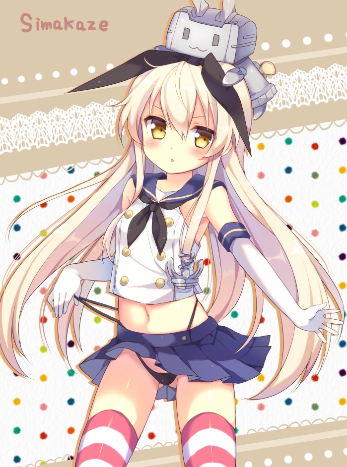 :3 :o anchor anchor_hair_ornament bad_id bad_pixiv_id bare_shoulders black_neckwear black_panties blonde_hair blue_skirt bow character_name elbow_gloves gloves hair_bow hair_ornament highleg highleg_panties kantai_collection long_hair looking_at_viewer midriff navel neckerchief on_head panties panty_lift pleated_skirt poooka rensouhou-chan sailor_collar shimakaze_(kantai_collection) skirt solo striped striped_legwear thighhighs underwear v-shaped_eyebrows yellow_eyes |_|