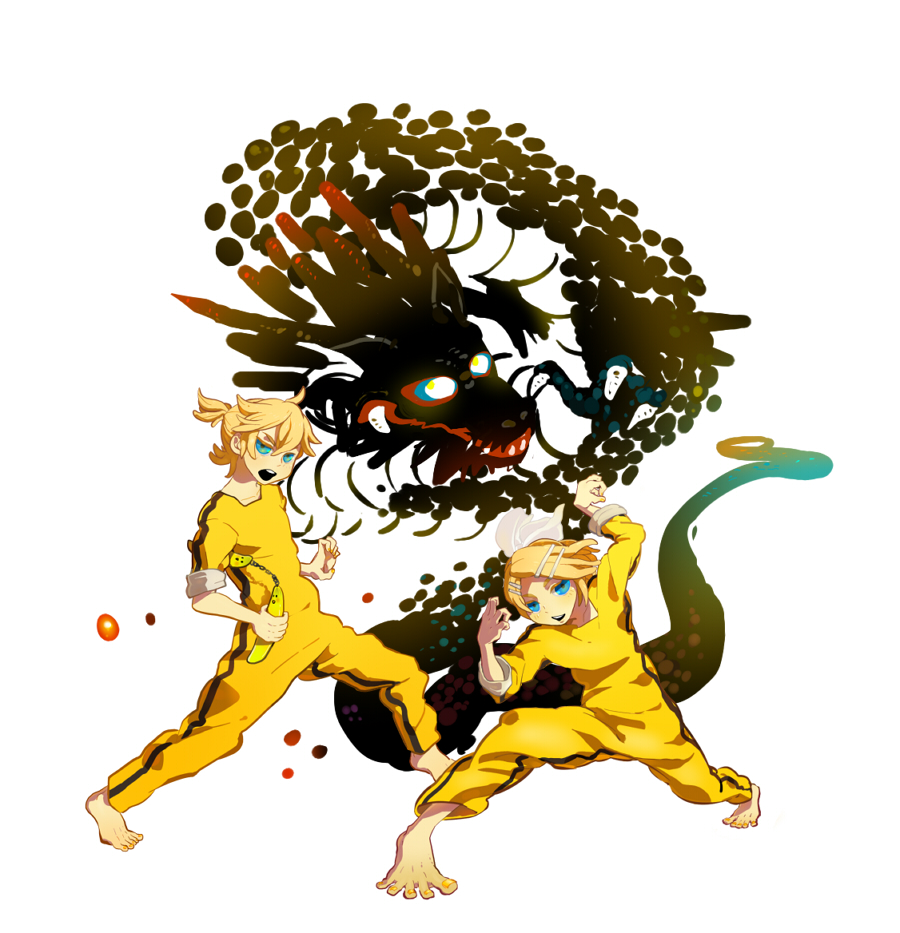 1girl banana barefoot blonde_hair blue_eyes bodysuit bruce_lee bruce_lee's_jumpsuit feet food fruit hair_ornament hair_ribbon hairclip kagamine_len kagamine_rin nail_polish nara_(sikasika) nunchaku parody pose ribbon short_hair siblings toenail_polish twins vocaloid weapon yellow_bodysuit