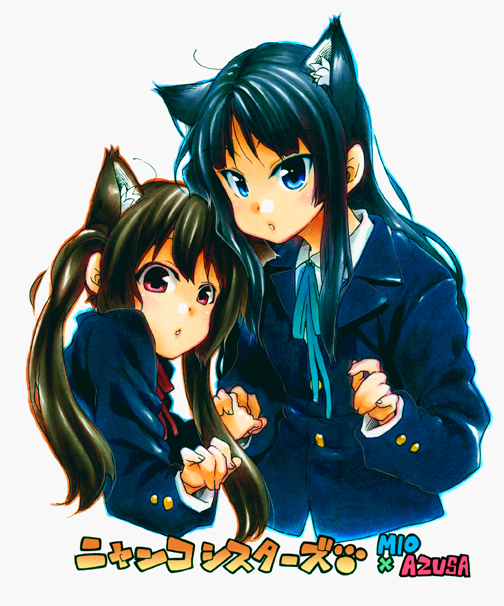 akiyama_mio animal_ears black_hair brown_hair cat_ears k-on! long_hair multiple_girls nakano_azusa red_eyes school_uniform takanashi_ringo twintails