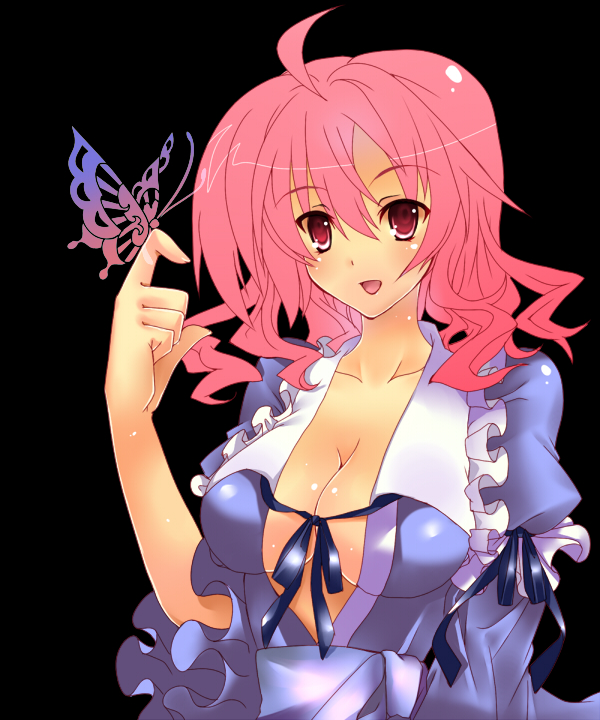 ahoge bad_id bad_pixiv_id breasts bug butterfly butterfly_on_hand cleavage insect large_breasts no_bra no_hat no_headwear pink_eyes pink_hair saigyouji_yuyuko short_hair smile solo tatsuyoshi touhou