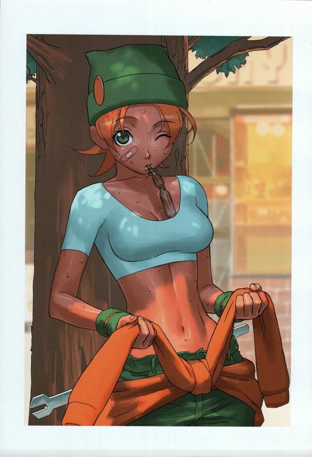 abs artist_request bandaid bandaid_on_face beanie brazil brazilian breasts cleavage clothes_around_waist dark_skin green_eyes hat large_breasts midriff mouth_hold one_eye_closed orange_hair pupa_salgueiro rage_of_the_dragons scan snk solo source_request sweat sweater_around_waist tree wrench wristband