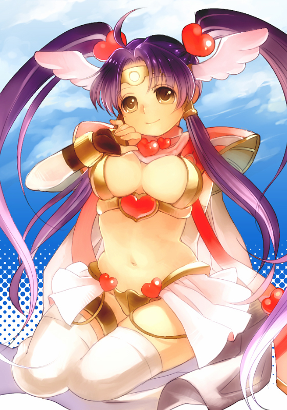 breasts brown_eyes cleavage galzoo_island hayasaka head_wings large_breasts long_hair midriff purple_hair sexy_knight shoulder_pads smile solo thighhighs twintails white_legwear