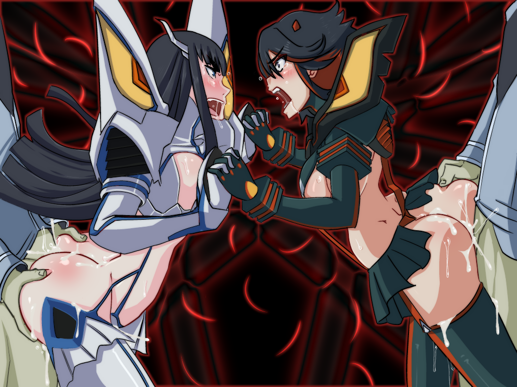 2boys 2girls artist_request ass ass_grab black_eyes black_hair blue_eyes blush breasts clothed_sex cum cum_in_pussy cum_on_body cum_on_lower_body ejaculation eye_contact group_sex hand_holding highres kill_la_kill kiryuuin_satsuki large_breasts legs long_hair looking_at_another matoi_ryuuko multicolored_hair multiple_boys multiple_girls no_panties open_mouth saliva sex simple_background skirt standing thighs vaginal