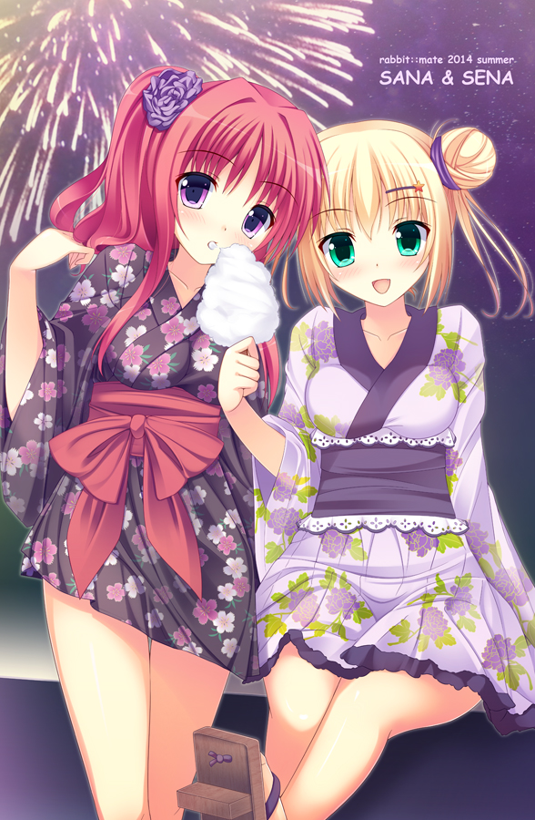 :d aerial_fireworks aqua_eyes bad_id bad_pixiv_id bangs blonde_hair blush breasts character_name collarbone cotton_candy dated eating eyebrows_visible_through_hair fireworks floral_print flower geta hair_bun hair_flower hair_ornament hairclip hand_up ichiroku japanese_clothes kimono leg_up long_hair long_sleeves looking_at_viewer medium_breasts multiple_girls night one_side_up open_mouth original outdoors print_kimono purple_eyes red_hair sana_(ichiroku) sash sena_(ichiroku) short_hair short_kimono short_yukata smile star star_hair_ornament tengu-geta wide_sleeves yukata