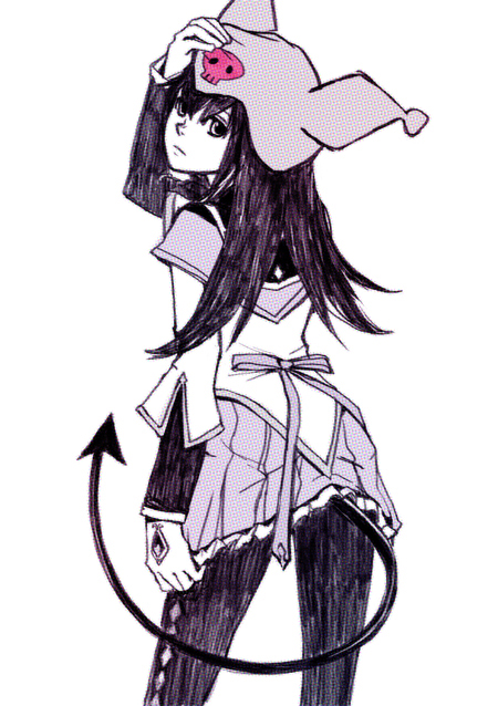 akemi_homura cosplay demon_tail from_behind hat kuromi kuromi_(cosplay) long_hair looking_at_viewer looking_back magical_girl mahou_shoujo_madoka_magica monochrome onegai_my_melody pantyhose purple ribbon silverxp simple_background skirt solo soul_gem tail white_background