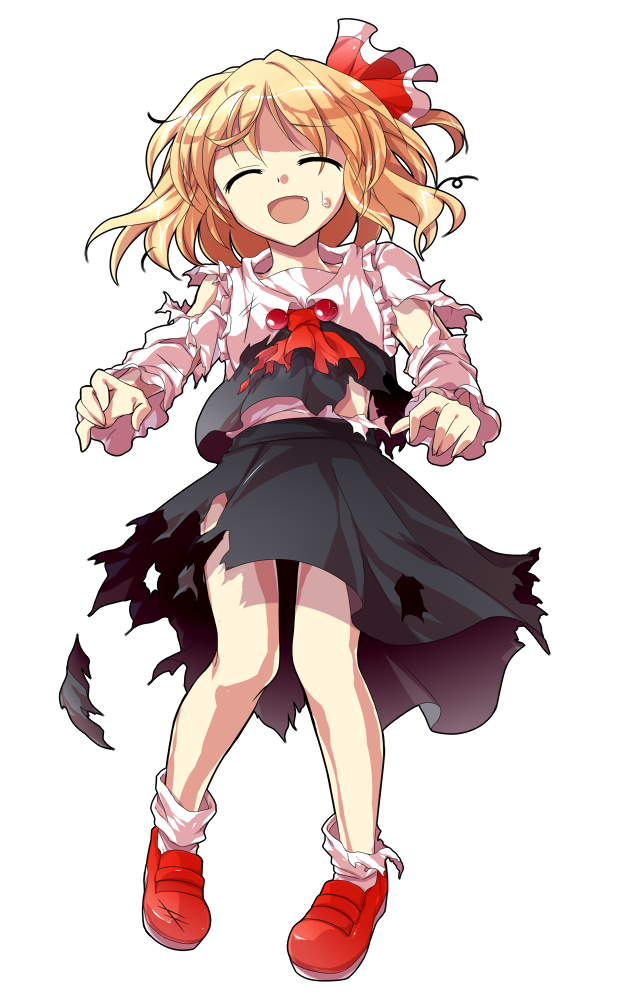 :d ^_^ alphes_(style) bare_legs beaten blonde_hair blouse closed_eyes dairi fang frilled_sleeves frills full_body hair_ribbon long_sleeves open_mouth parody red_footwear ribbon rumia shoes short_hair skirt smile solo style_parody sweat torn_clothes touhou transparent_background vest