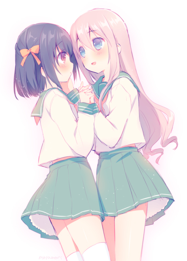 :d black_hair blonde_hair blue_eyes blush from_side hand_on_another's_cheek hand_on_another's_face holding_hands long_hair multiple_girls open_mouth original red_eyes school_uniform serafuku short_hair skirt smile thighhighs usashiro_mani white_legwear yuri