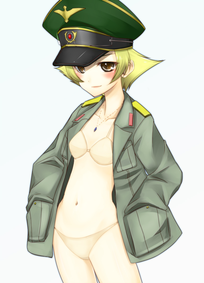 bikini blonde_hair blush commentary erwin_(girls_und_panzer) girls_und_panzer goggles goggles_on_head hands_in_pockets hat hifumi_(vivian) highres jacket jewelry long_sleeves looking_at_viewer military necklace no_pants open_clothes open_jacket peaked_cap short_hair smile solo standing swimsuit uniform white_background yellow_bikini yellow_eyes