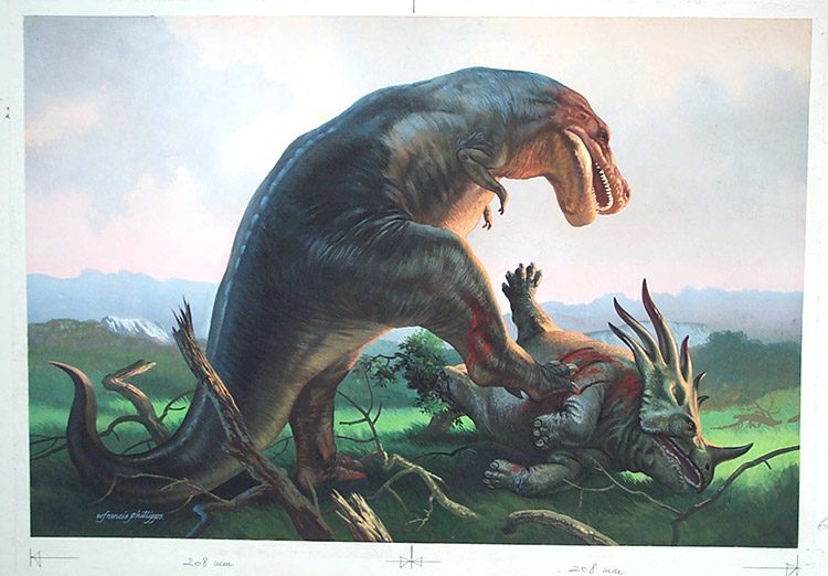 border claws dinosaur feral fight horn lying on_side scalie sharp_teeth signature standing styracosaurus teeth tiny_arms tyrannosaurus wounded