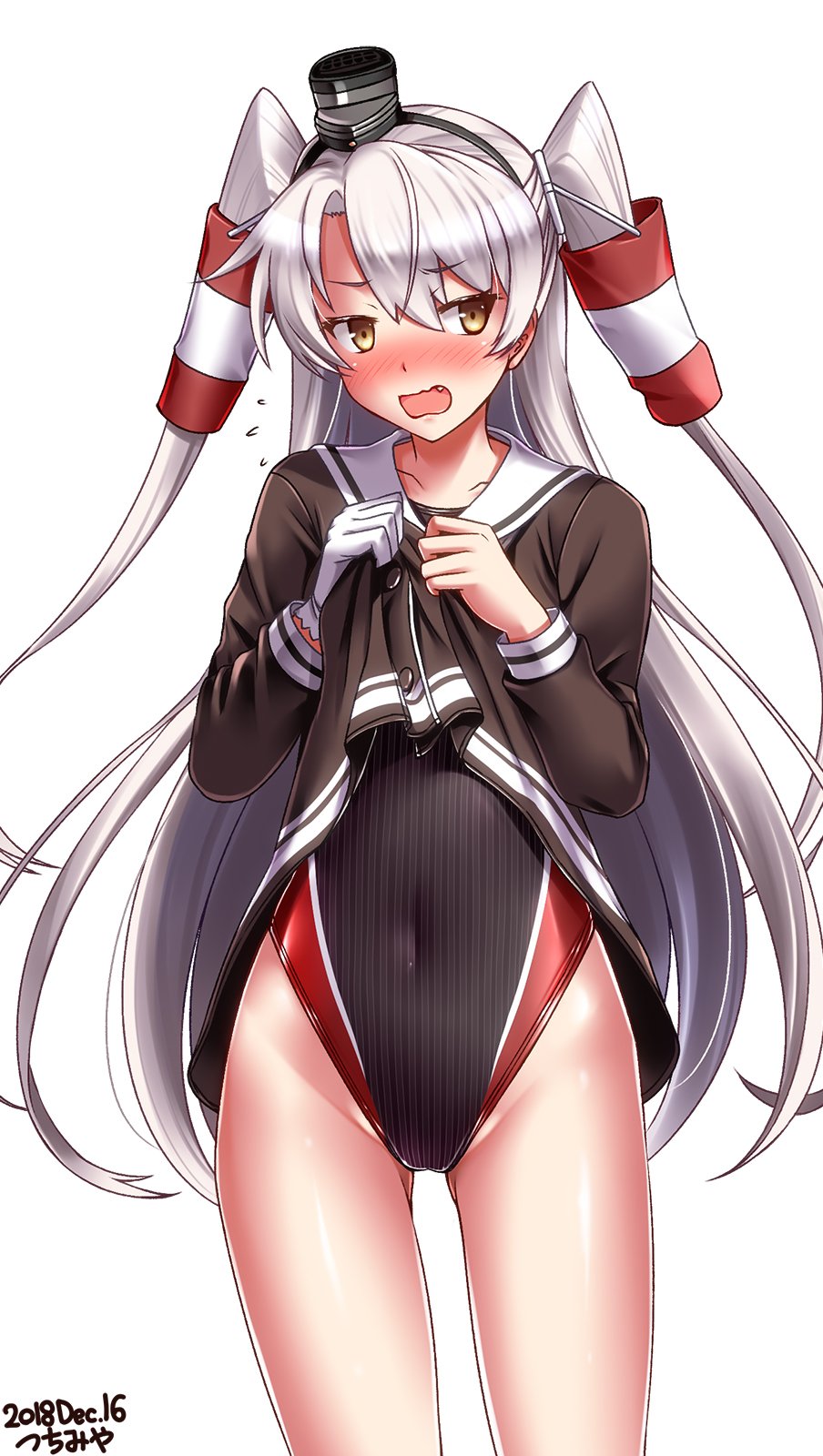 1girl amatsukaze_(kantai_collection) artist_name black_swimsuit blush brown_dress brown_eyes collarbone competition_school_swimsuit competition_swimsuit covered_navel cowboy_shot dated dress dress_lift embarrassed eyebrows_visible_through_hair fang feet_out_of_frame flat_chest gloves hair_between_eyes hair_tubes hat highres kantai_collection lifebuoy long_hair long_sleeves looking_at_viewer looking_to_the_side mini_hat navel nose_blush one-piece_swimsuit open_mouth sailor_collar sailor_dress short_dress silver_hair simple_background single_glove smokestack solo standing swimsuit swimsuit_under_clothes thighhighs tsuchimiya two_side_up wavy_mouth white_background white_gloves white_sailor_collar windsock