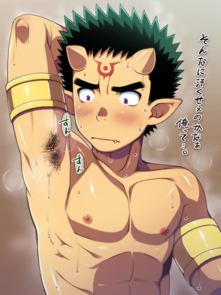 1boy abs armlet armpit_hair black_hair blush demon demon_boy demon_horns eyebrows fang futase_hikaru horns lunatique male male_focus muscle pecs purple_eyes shinrabanshou shirtless solo spiked_hair spiky_hair steam sweat tattoo tesshin text thick_eyebrows topless translation_request