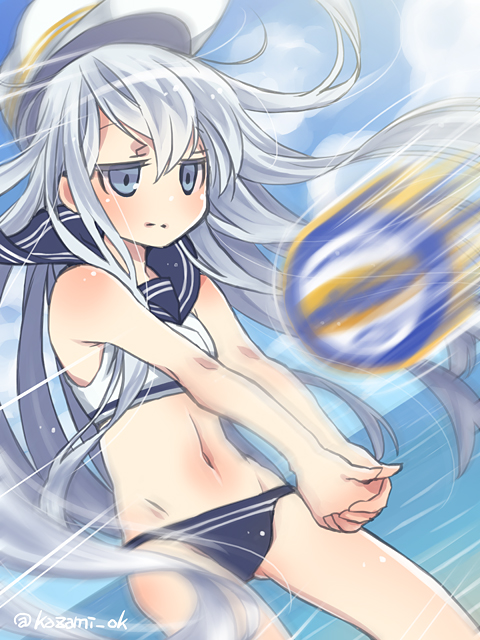 adapted_costume bare_shoulders beach blue_eyes hands_together hat hibiki_(kantai_collection) kantai_collection kazami_miki long_hair motion_blur sleeveless solo swimsuit twitter_username verniy_(kantai_collection) volleyball white_hair