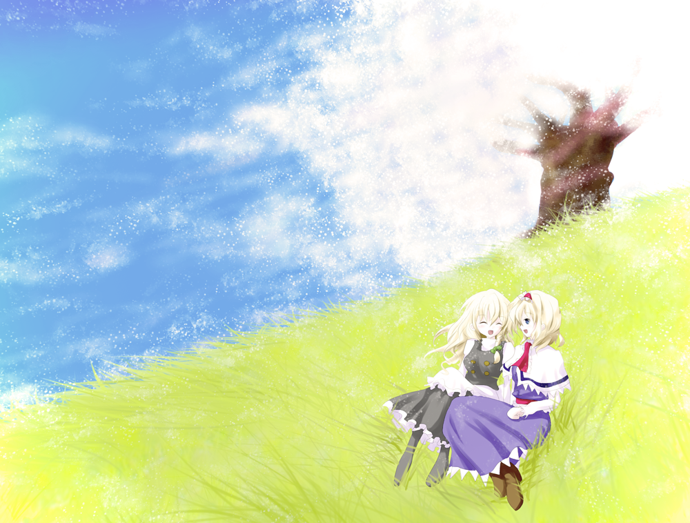 akumasatan alice_margatroid apron black_dress blonde_hair blue_dress blue_sky boots bow braid capelet cherry_blossoms cloud day dress grass grassy hair_bow hairband hand_on_lap hill kirisame_marisa laughing long_sleeves looking_at_another multiple_girls on_grass outdoors petals short_hair single_braid sitting sky smile touhou tree wind
