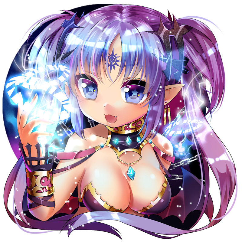 :3 bat_wings breasts chain cleavage facial_mark fang forehead_mark hair_over_eyes long_hair magic_circle medium_breasts mvv open_mouth original pointy_ears purple_hair smile solo star star-shaped_pupils symbol-shaped_pupils twintails wings