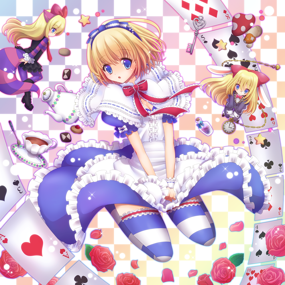 alice_(wonderland) alice_in_wonderland alice_margatroid alternate_costume animal_ears blonde_hair blue_eyes breasts bunny_ears card cat_ears cat_tail cheshire_cat cheshire_cat_(cosplay) cleavage cookie cosplay cup flower food frilled_skirt frills hairband hayabusa_koi kemonomimi_mode key lolita_fashion lolita_hairband long_hair monocle mushroom open_mouth parody playing_card pocket_watch potion rose shanghai_doll short_hair sitting skirt small_breasts striped striped_legwear tail teacup teapot thighhighs touhou watch white_rabbit white_rabbit_(cosplay) wind zettai_ryouiki