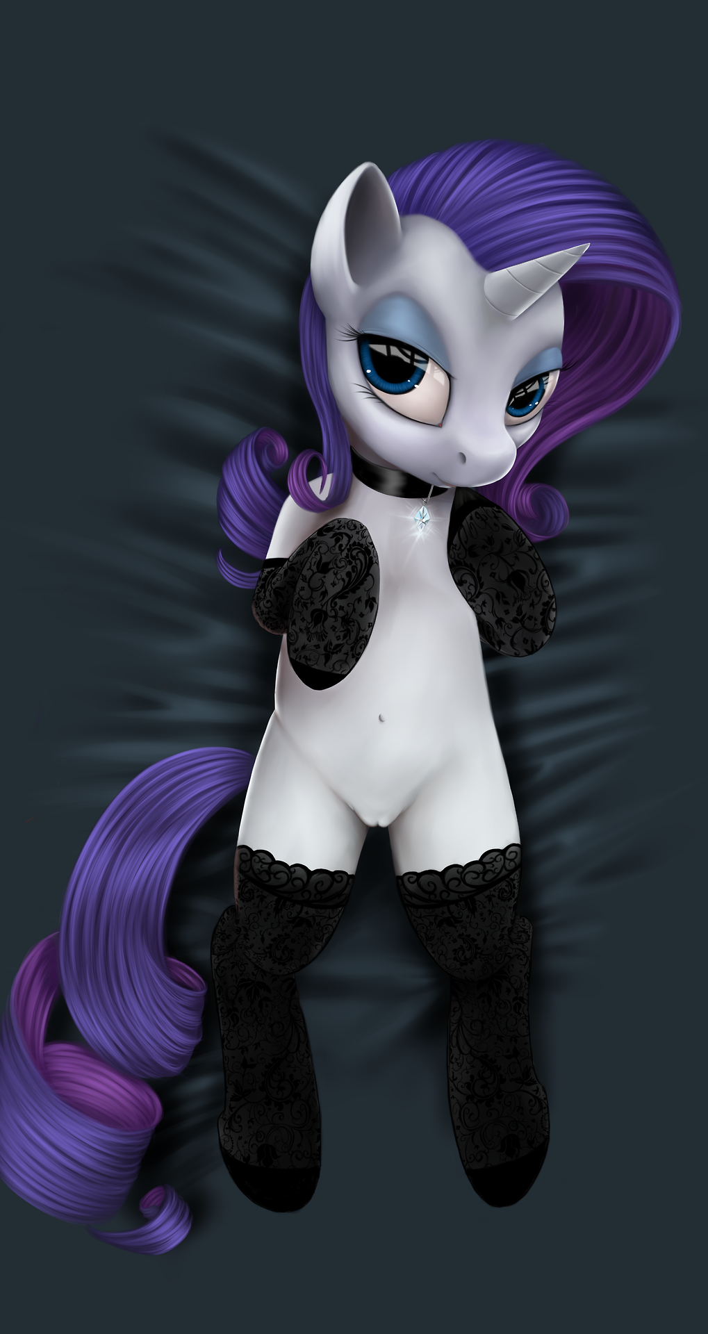 clothing collar cutie_mark elbow_gloves equine eyeshadow female feral friendship_is_magic fur gem gloves hair half-closed_eyes horn legwear lingerie looking_at_viewer lying makeup mammal my_little_pony navel on_back overhead partially_clothed purple_hair pussy rarity_(mlp) solo stockings thigh_highs tres-apples unicorn white_fur