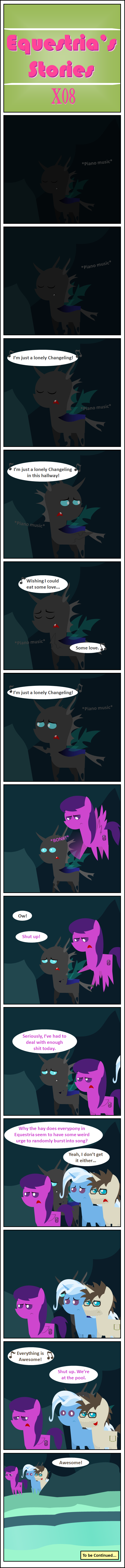 cave changeling comic dialog equine eyewear friendship_is_magic glasses horn mammal my_little_pony original_character pegasus singing text trixie_(mlp) unicorn water wings zacatron94