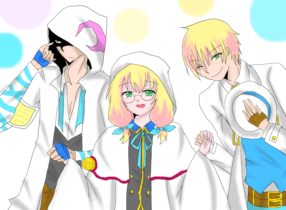 2boys alternate_color alternate_eye_color alternate_hair_color arc_system_works artist_request blazblue blonde_hair cloak coat color_connection dual_persona fingerless_gloves glasses gloves green_eyes hair_ribbon hand_holding hat hazama hood hooded_cloak long_hair multiple_boys open_mouth ribbon shaded_face short_hair smile trinity_glassfield twintails wink yuuki_terumi