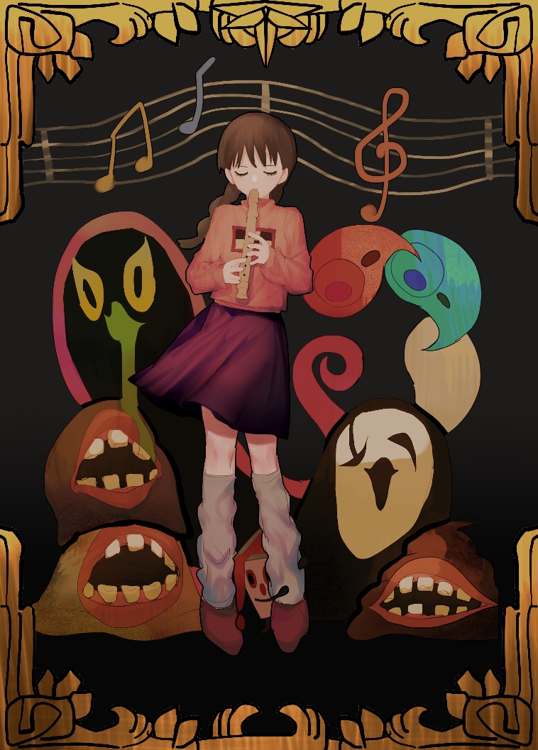 1girl braid brown_hair character_request closed_eyes commentary_request creature expressionless facing_viewer floating_hair flute frog_character_(yume_nikki) full_body ghost holding holding_instrument holding_recorder instrument leg_warmers long_hair low_twin_braids madotsuki music musical_note ornate_border pink_sweater playing_instrument recorder red_footwear red_skirt skirt staff_(music) sweater tokuto-kun turtleneck turtleneck_sweater twin_braids uboa white_leg_warmers xgshjsgha yume_nikki