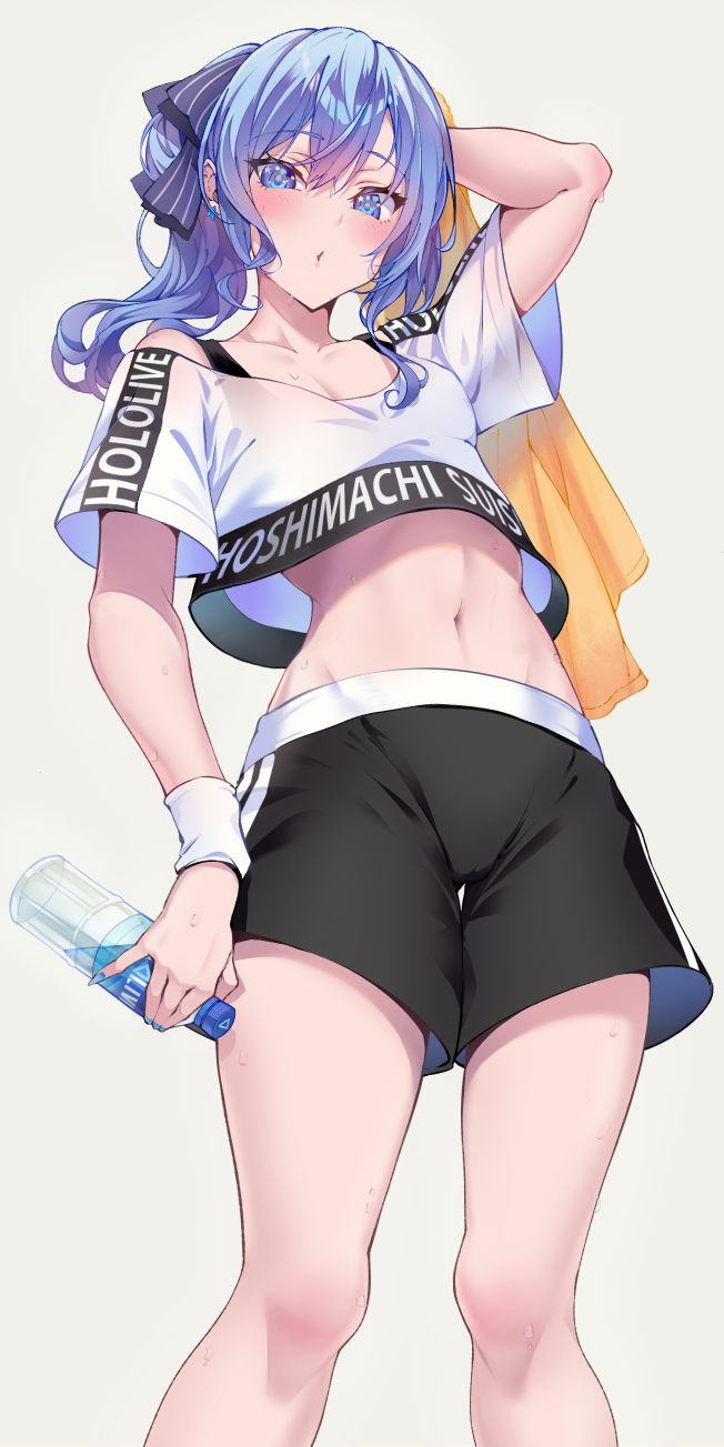 1girl arm_up black_shorts black_straps blue_eyes blue_hair bottle character_name collarbone commentary_request crop_top cropped_shirt double-parted_bangs feet_out_of_frame from_below hair_between_eyes highres holding holding_bottle holding_towel hololive hololive_dance_practice_uniform hoshimachi_suisei looking_at_viewer midriff official_alternate_costume omoti_(1201208) open_mouth plastic_bottle ponytail shirt short_sleeves shorts simple_background skin_tight solo stomach sweat tank_top towel virtual_youtuber water_bottle wavy_hair white_background white_shirt white_wristband yellow_towel