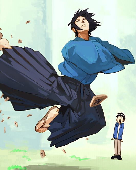 :o bad_id bad_pixiv_id black_hair blue_hakama character_request copyright_request ema flying_kick full_body hakama jacket japanese_clothes jumping kicking long_sleeves male_focus multiple_boys open_clothes open_jacket open_mouth outstretched_wrists sandals shocked_eyes standing t_k_g toes wide-eyed wide_sleeves