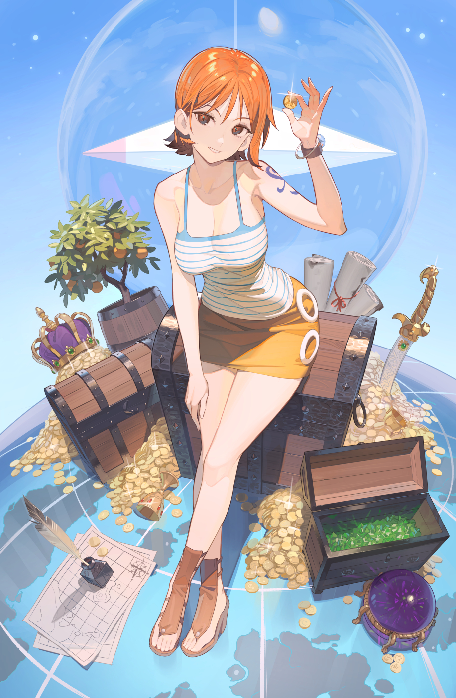 1girl bangle bare_legs bare_shoulders bracelet breasts cleavage coin collarbone commentary crown feet food fruit full_body glint globe gold gold_coin hand_up highres holding holding_coin jewelry large_breasts legs log_pose looking_at_viewer mandarin_orange map miniskirt nami_(one_piece) one_piece orange_eyes orange_hair parted_lips pile_of_money planted planted_sword sandals short_hair shoulder_tattoo sitting skirt smile solo spaghetti_strap sword tattoo timbougami toes treasure treasure_chest unworn_crown unworn_headwear weapon yellow_skirt