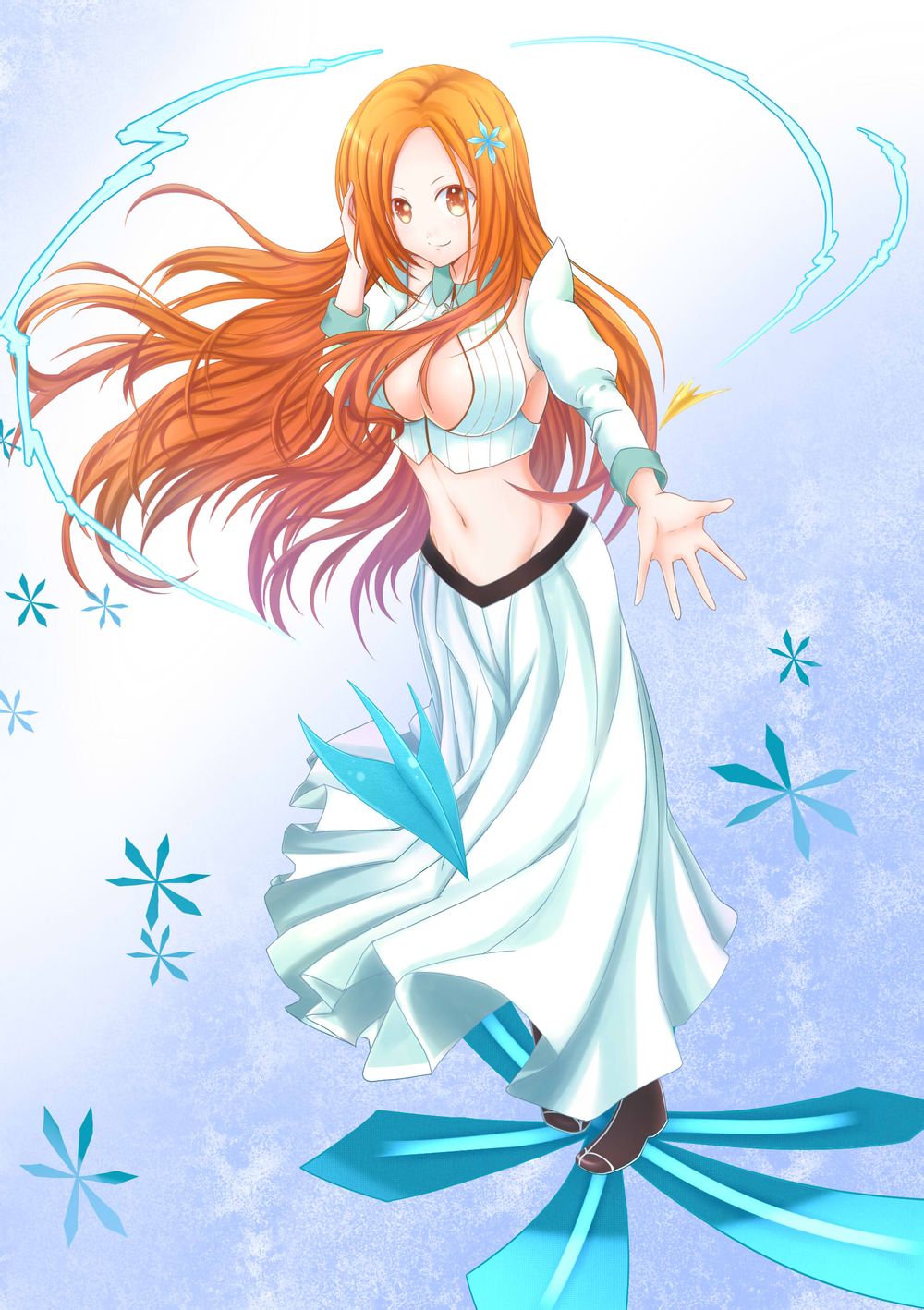 bleach boots breasts brown_footwear cleavage cleavage_cutout detached_sleeves floating_hair flower full_body hair_flower hair_ornament highres inoue_orihime long_hair long_skirt looking_at_viewer medium_breasts midriff navel orange_hair outstretched_arm palms skirt smile solo stomach very_long_hair white_skirt wind