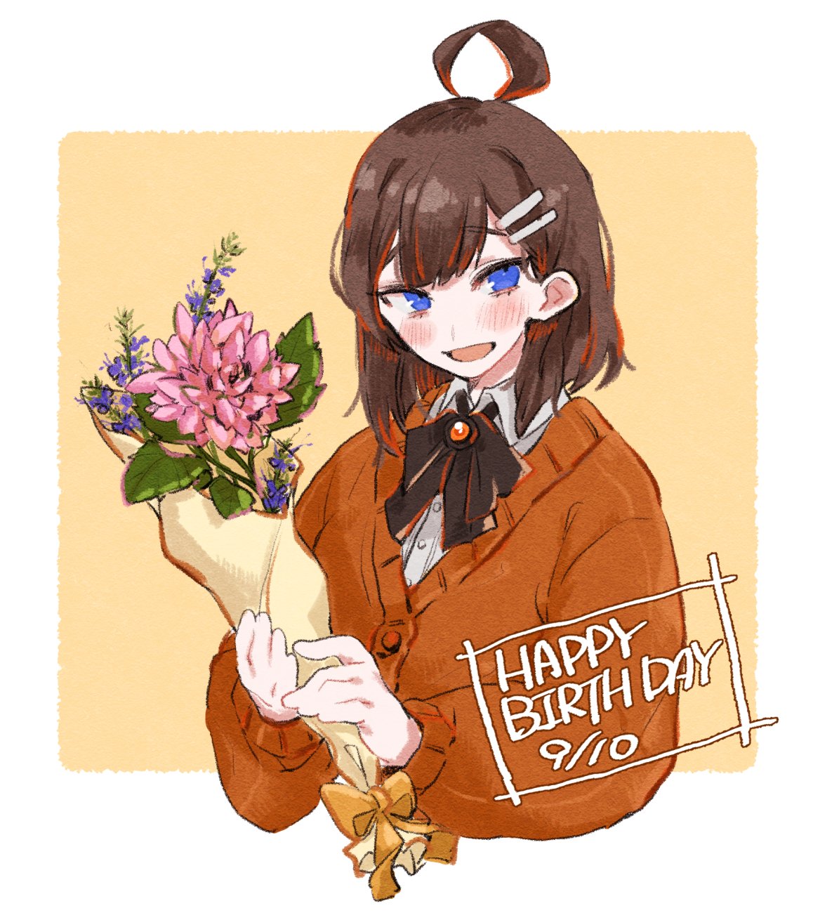 1girl ahoge black_bow black_bowtie blush bouquet bow bowtie brown_hair cardigan collared_shirt dated hair_ornament hairclip happy_birthday highres hod_(project_moon) holding holding_bouquet library_of_ruina medium_hair orange_cardigan project_moon shirt solo uchimura_(rino0525) upper_body white_shirt