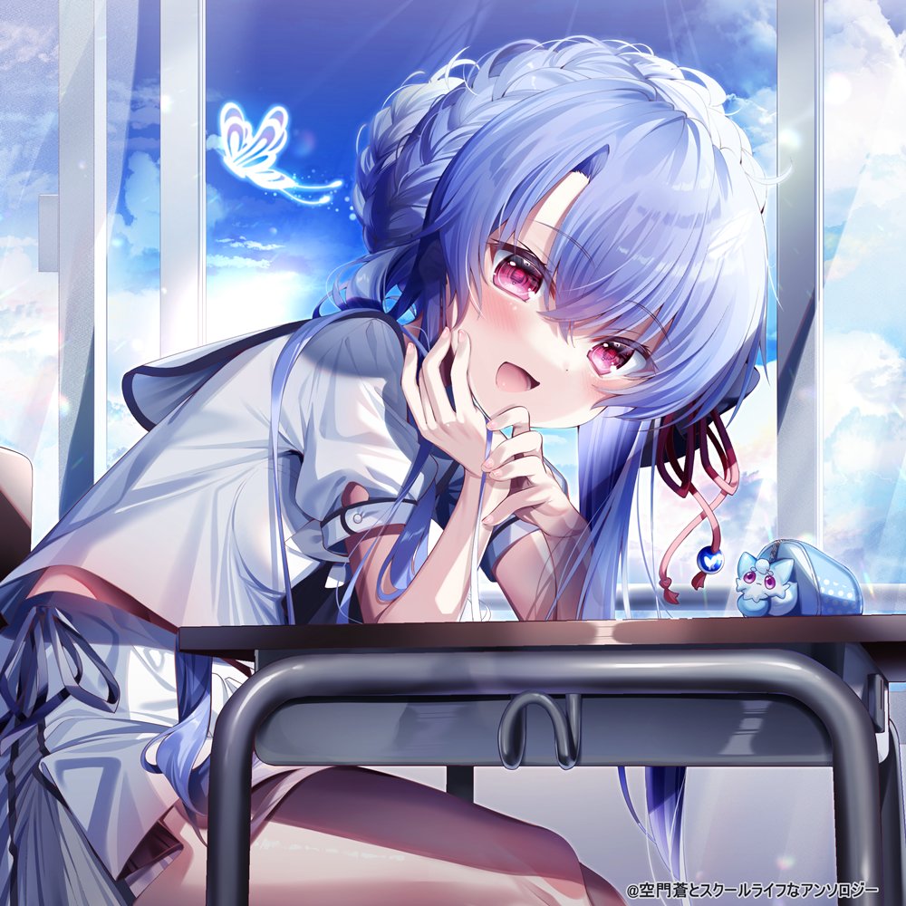 1girl :d arm_support blue_butterfly blue_hair blue_sky blush braid braided_bun bug butterfly character_doll chi_no classroom cloud cowboy_shot crossed_bangs crown_braid curtains desk elbows_on_table eyelashes eyes_visible_through_hair glowing_butterfly hair_between_eyes hair_bun hair_spread_out happy head_rest inari_(summer_pockets) indoors leaning_forward long_hair looking_at_viewer miniskirt open_mouth puffy_short_sleeves puffy_sleeves red_eyes school_desk school_uniform shirt short_sleeves sidelocks single_hair_bun sitting skirt sky smile solo sorakado_ao summer_pockets tsurime white_shirt white_skirt window