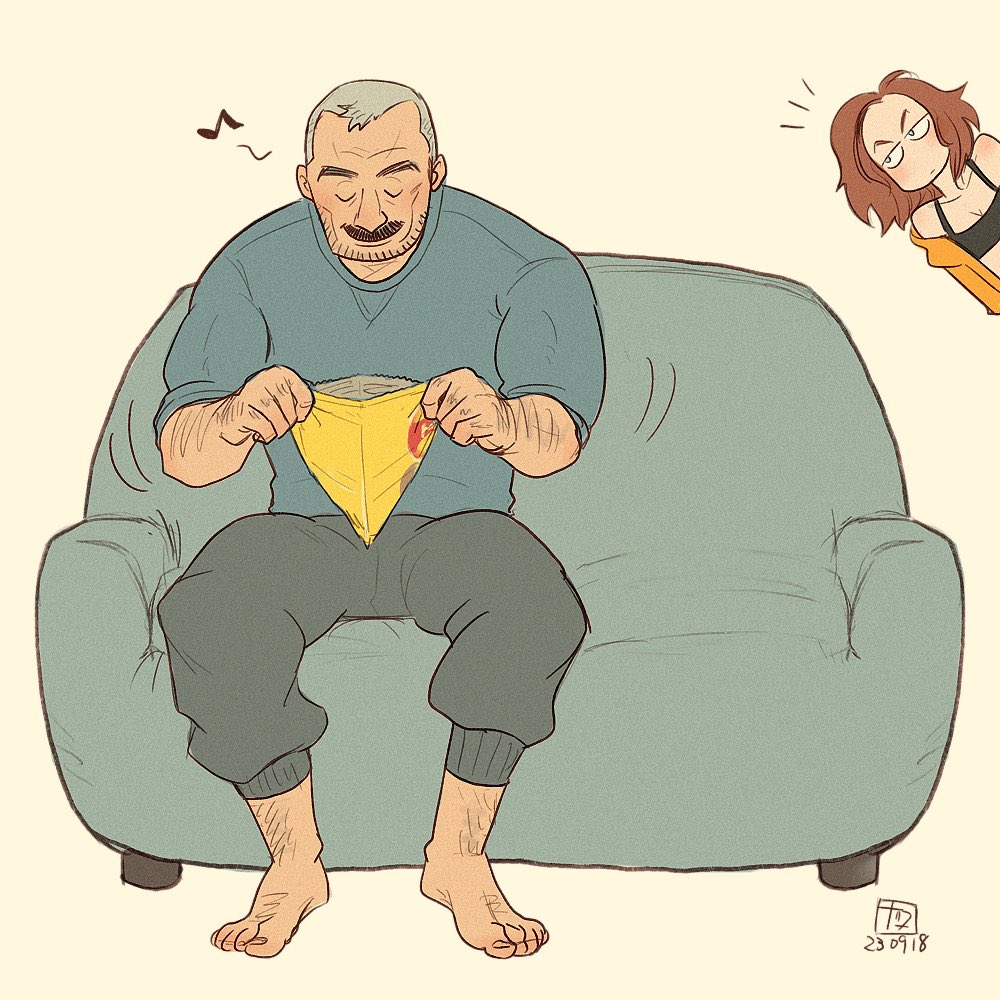 1boy 1girl aaron_gruber_(o_natsuo88) arm_hair barefoot beard_stubble black_tank_top blue_eyes blue_sweater breasts chips_(food) cleavage closed_eyes couch facial_hair food full_body grey_hair grey_pants holding holding_food jacket leg_hair looking_at_another mature_male medium_hair musical_note mustache notice_lines o_natsuo88 old old_man on_couch orange_jacket original out_of_frame pants potato_chips receding_hairline red_hair scar scar_on_cheek scar_on_face shirt short_hair sitting smile sweater sweatpants tank_top thick_eyebrows thick_mustache wavy_hair wrinkled_skin yellow_background