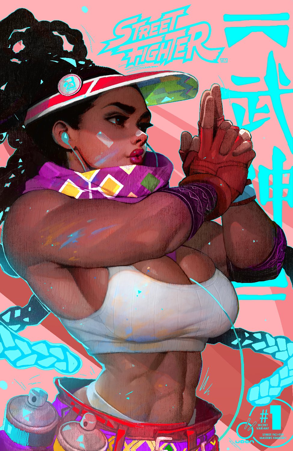 abs black_hair breasts brown_eyes cleavage dark_skin earphones fingerless_gloves gloves graffiti highres ickpot kimberly_jackson large_breasts looking_to_the_side muscular muscular_female own_hands_clasped own_hands_together spray_can spray_paint street_fighter street_fighter_6 tank_top toned udon_entertainment visor_cap