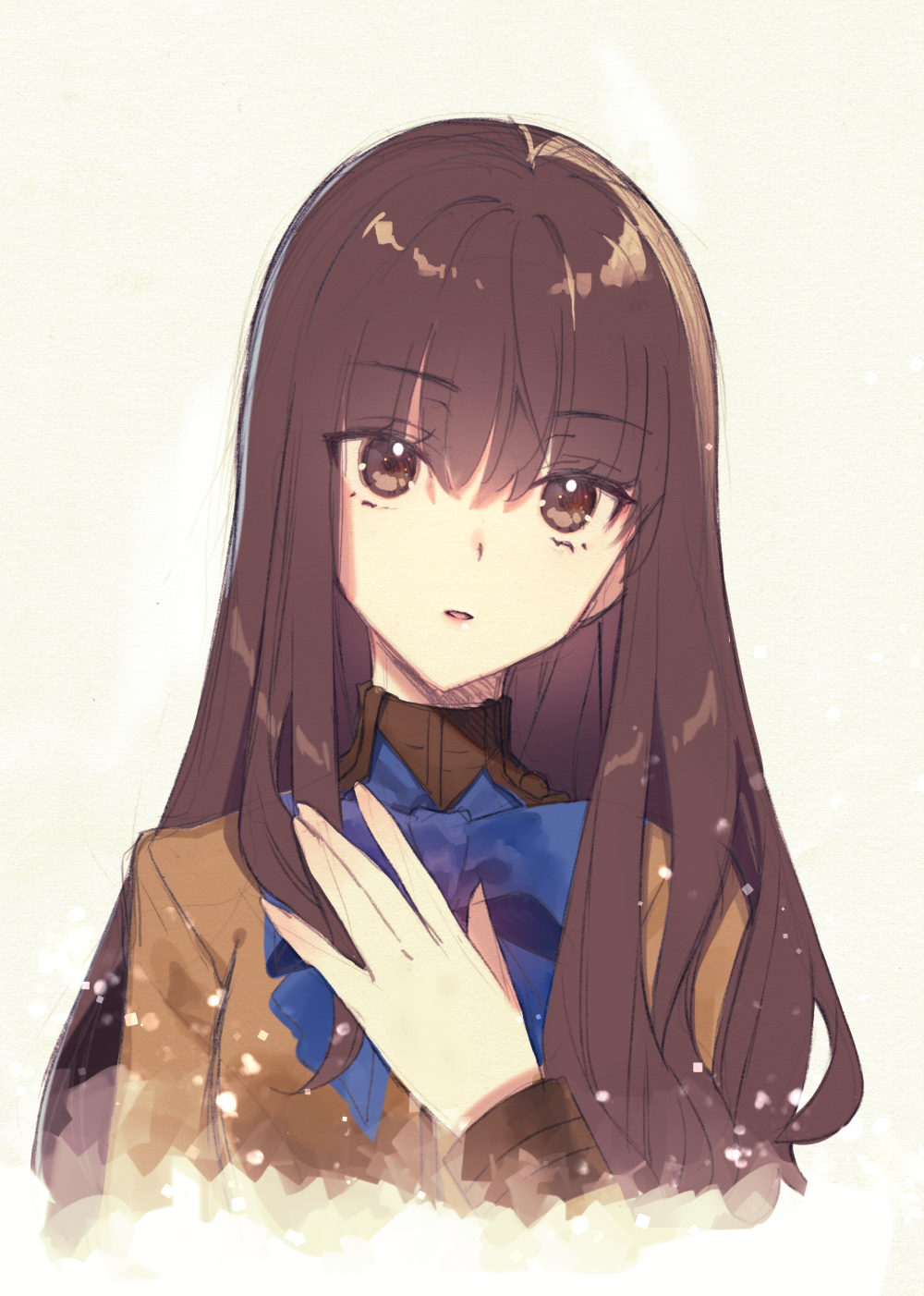 1girl ayaka_(disagree) blue_bow blue_bowtie bow bowtie brown_eyes commentary_request cropped_torso fate/extra fate_(series) hair_between_eyes hand_on_own_chest head_tilt highres kishinami_hakuno_(female) long_hair long_sleeves looking_at_viewer simple_background solo tsukumihara_academy_uniform_(fate/extra) very_long_hair white_background