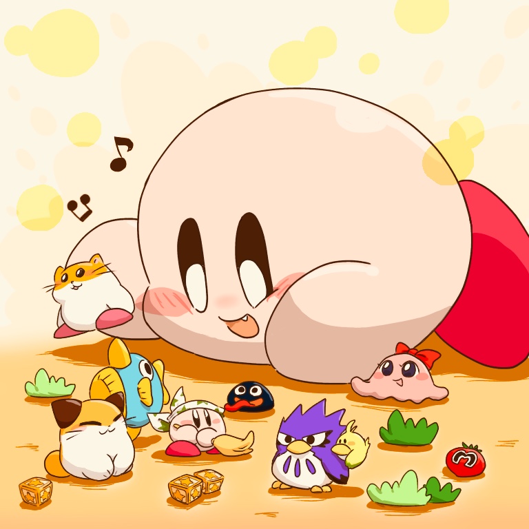 :3 :d bandana beamed_eighth_notes blush blush_stickers bow broom chuchu_(kirby) cleaning_kirby closed_eyes closed_mouth commentary_request coo_(kirby) copy_ability eighth_note fang figure gooey_(kirby) holding holding_broom kine_(kirby) kirby kirby_(series) long_tongue lying maxim_tomato musical_note nago_(kirby) no_humans on_stomach open_mouth pitch_(kirby) red_bow rick_(kirby) satojoyu simple_background smile solo star_(symbol) star_block star_print tongue tongue_out v-shaped_eyebrows white_bandana yellow_background