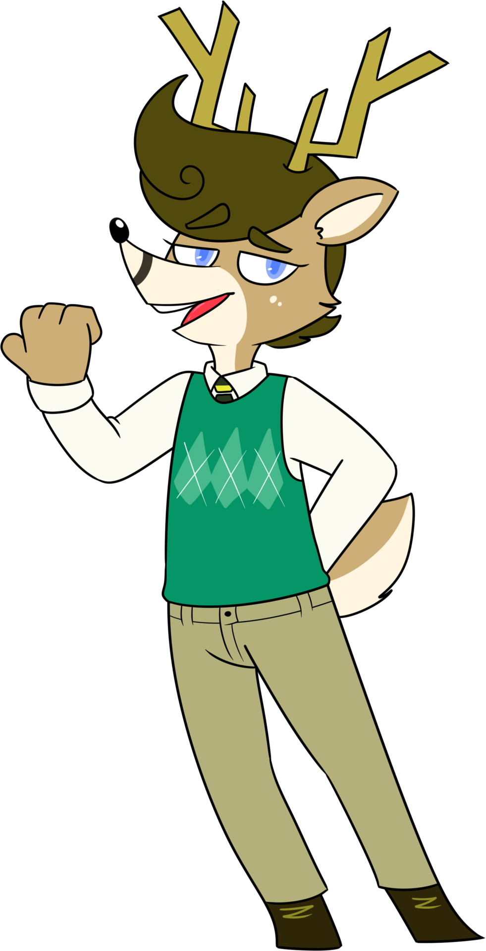 2018 4_fingers alpha_channel anthro antlers argyle_(pattern) argyle_clothing argyle_topwear biped black_eyebrows black_nose blue_eyes blue_pupils bottomwear brown_clothing brown_eyelashes brown_footwear brown_hair brown_markings brown_shoes cheek_tuft chokovit_(artist) clothed clothed_anthro clothed_male clothing colored countershade_face countershade_fur countershade_neck countershade_tail countershading dalton_darby deer digital_drawing_(artwork) digital_media_(artwork) eyebrow_through_hair eyebrows facial_markings facial_tuft fingers footwear front_view full-length_portrait fur fur_tuft furgonomic_footwear furgonomics glistening glistening_eyes green_clothing green_topwear green_vest hair head_markings hi_res horn looking_at_viewer male male_anthro mammal markings necktie open_mouth pants pattern_clothing pattern_necktie pattern_topwear portrait pupils raised_eyebrow red_tongue school_uniform scut_tail shirt shoes short_tail simple_background snout snout_markings solo standing striped_necktie tail tan_body tan_bottomwear tan_clothing tan_fur tan_pants tan_tail tan_tuft teenager teeth tongue topwear translucent translucent_hair transparent_background tuft unguligrade unguligrade_anthro uniform vest white_body white_clothing white_countershading white_shirt white_snout white_topwear yellow_antlers yellow_horn young