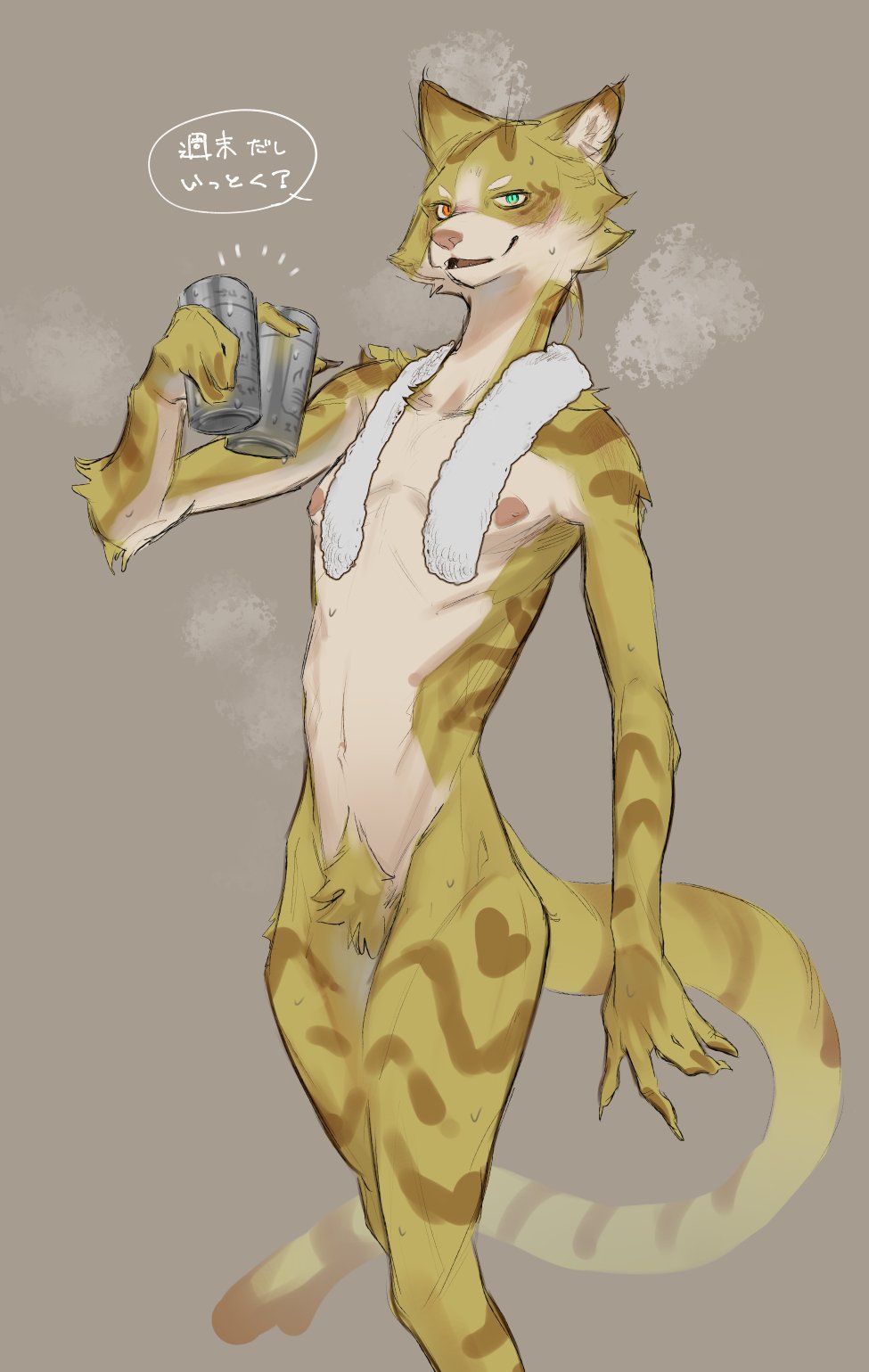 alcohol anthro beer beverage beverage_can blush bodily_fluids brown_stripes bungu_man can claws container countershading dialogue felid feline fur grey_background heterochromia hi_res holding_beverage holding_can holding_container holding_object japanese_text long_tail looking_at_viewer male mammal navel nipples nude pubes simple_background slim smile solo standing steam striped_body striped_fur stripes sweat tail text towel towel_around_neck yellow_body yellow_fur