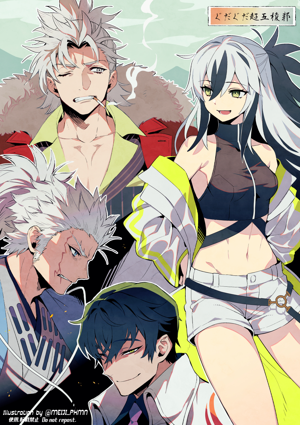 1girl 3boys black_hair black_shirt cigarette coat crazy_eyes crop_top fate/grand_order fate_(series) fur-trimmed_coat fur_trim hair_slicked_back half_updo haori highres itou_kashitarou_(fate) jacket jacket_on_shoulders japanese_clothes meiji_ken midriff multicolored_hair multiple_boys nagakura_shinpachi_(fate) nagao_kagetora_(fate) navel necktie ponytail scar scar_on_cheek scar_on_face shinsengumi shirt short_shorts shorts striped striped_jacket striped_suit suit takeda_shingen_(fate) two-tone_hair uesugi_kenshin_(fate) uesugi_kenshin_(second_ascension)_(fate) white_hair