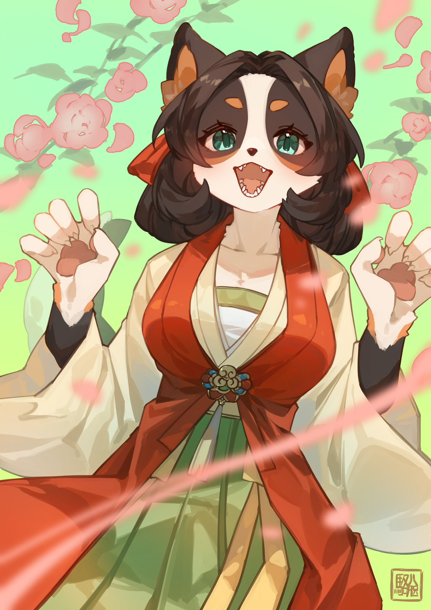 1girl :d animal_ear_fluff animal_ears animal_nose aqua_eyes artist_name black_hair body_fur brooch claw_pose clothing_request collarbone commentary cowboy_shot dog_ears dog_girl fangs floral_background furry furry_female green_background green_skirt hair_ribbon hands_up highres hikimayu jewelry kawarage_yatano leaf long_sleeves looking_at_viewer medium_hair open_mouth original pawpads ribbon sharp_teeth simple_background skirt smile solo standing tassel teeth white_fur wide_sleeves