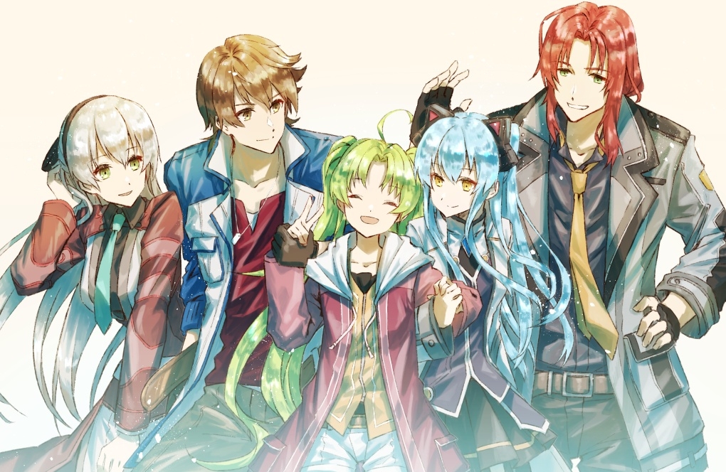 2boys 3girls ahoge animal_ears ao_no_kiseki aqua_necktie belt black_coat black_hairband black_shirt black_skirt blue_coat blue_hair brown_hair brown_pants closed_eyes coat collared_shirt dog_tags eiyuu_densetsu elie_macdowell facing_viewer fake_animal_ears green_eyes green_hair grey_coat grey_shirt grin hairband hajimari_no_kiseki hood hooded_coat hwhh kea_(eiyuu_densetsu) lloyd_bannings long_hair looking_at_another multicolored_coat multiple_boys multiple_girls necktie open_clothes open_coat pants parted_lips pleated_skirt purple_vest randolph_orlando red_coat red_hair red_shirt sen_no_kiseki sen_no_kiseki_iv shirt short_hair shorts simple_background skirt smile tio_plato twintails two-tone_coat two_side_up vest white_coat white_hair white_shorts yellow_eyes yellow_necktie zero_no_kiseki