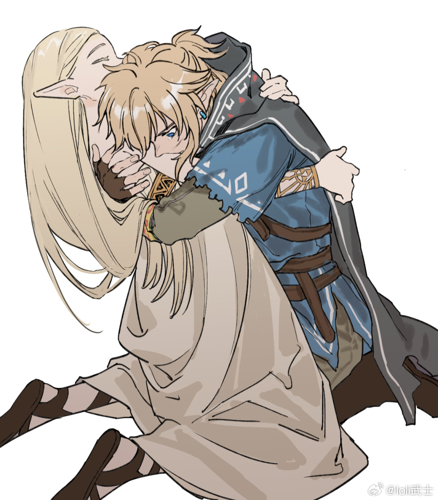 1boy 1girl black_cape blonde_hair blue_eyes blue_shirt breasts brown_gloves cape champion's_tunic_(zelda) closed_eyes commentary dress ear_piercing fingerless_gloves fingernails gloves hood hooded_cape hug kneeling link loli_bushi long_hair medium_breasts piercing princess_zelda shirt short_ponytail simple_background strapless strapless_dress the_legend_of_zelda the_legend_of_zelda:_breath_of_the_wild torn_clothes white_background white_dress