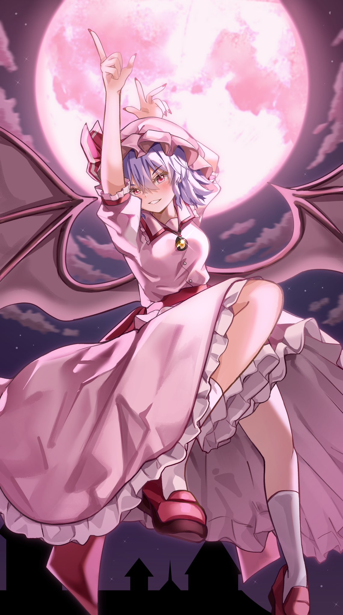 1girl bat_wings brooch cloud collar commentary dress frilled_dress frilled_headwear frilled_skirt frilled_sleeves frills full_body full_moon glint grin hair_between_eyes hands_up hat hat_ribbon highres jewelry knee_up looking_at_viewer maboroshi_mochi medium_hair mob_cap moon night pink_dress pink_eyes pink_nails purple_hair red_footwear red_ribbon remilia_scarlet ribbon scarlet_devil_mansion short_sleeves skirt smile socks solo star_(sky) touhou white_socks wings