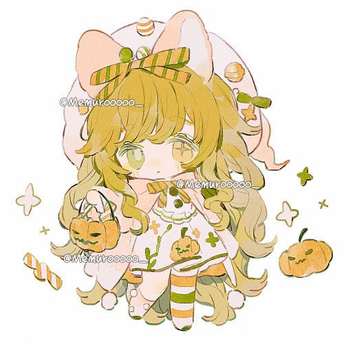 +_- 1girl animal_ears ankle_socks asymmetrical_legwear blonde_hair blush_stickers bow bowtie bucket buttons candy cat_ears chibi commentary floral_print food green_bow green_eyes green_footwear green_thighhighs hair_bow halloween halloween_bucket hat hat_bell hat_bow heterochromia holding holding_bucket jack-o'-lantern_print long_hair looking_at_viewer lowres memuro miniskirt mismatched_legwear mismatched_pupils multicolored_thighhighs open_clothes open_robe orange_bow orange_bowtie orange_robe orange_thighhighs original parted_lips pink_socks pleated_skirt pom_pom_(clothes) robe shirt shoes simple_background single_sock single_thighhigh skirt skirt_set socks solo sparkle striped striped_bow striped_bowtie striped_thighhighs symbol-only_commentary thighhighs twitter_username very_long_hair white_background white_headwear white_shirt white_skirt white_thighhighs yellow_eyes zettai_ryouiki