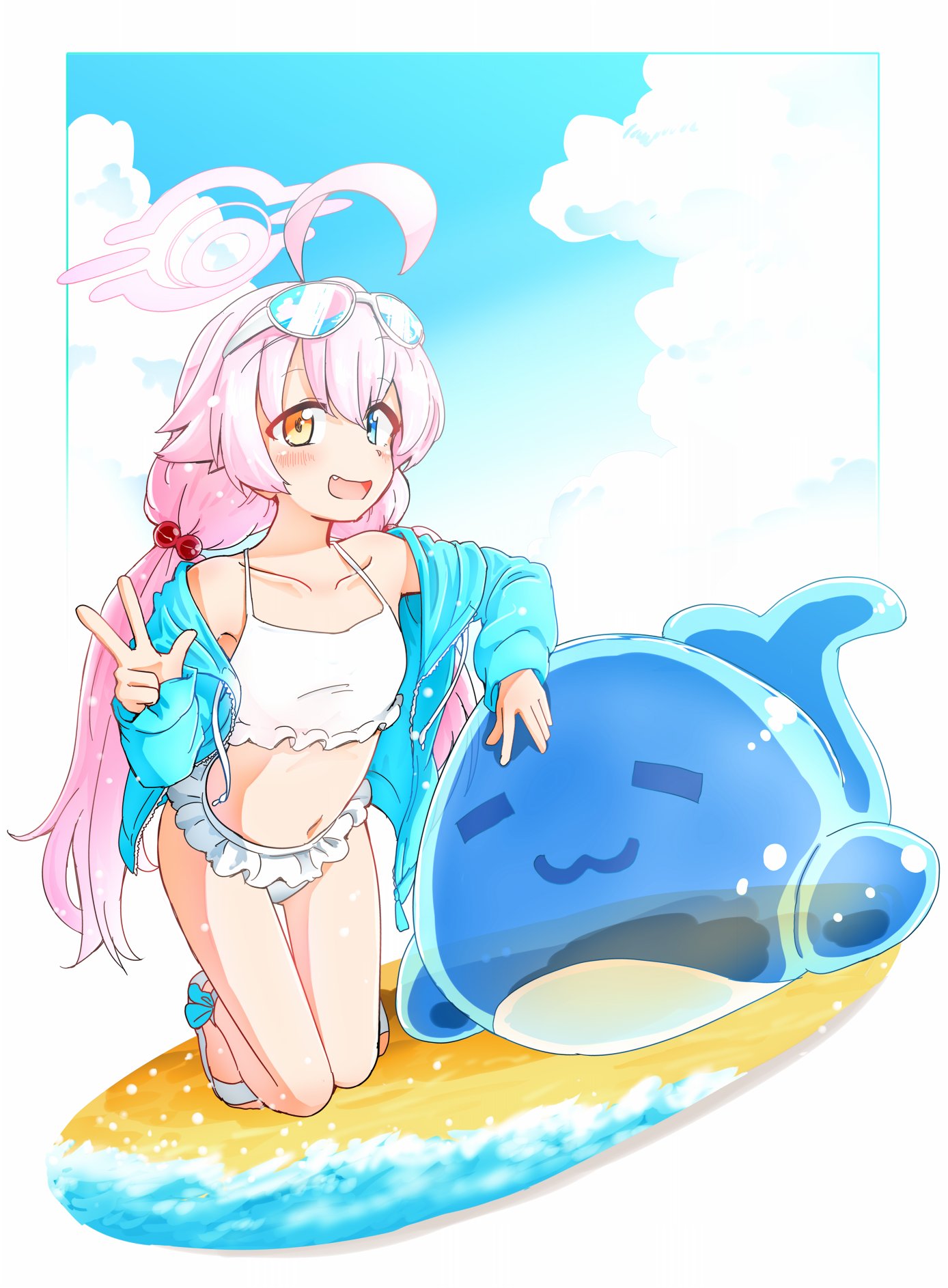 1girl ahoge beach bikini blue_archive blue_eyes blue_jacket blush cloud collarbone day fang flat_chest frilled_bikini frills hair_bobbles hair_ornament halo hariyaa heterochromia highres hoshino_(blue_archive) hoshino_(swimsuit)_(blue_archive) inflatable_toy jacket kneeling looking_at_viewer low_twintails navel open_clothes open_jacket open_mouth outdoors sand sandals smile solo sunglasses swimsuit twintails w water white_bikini yellow_eyes
