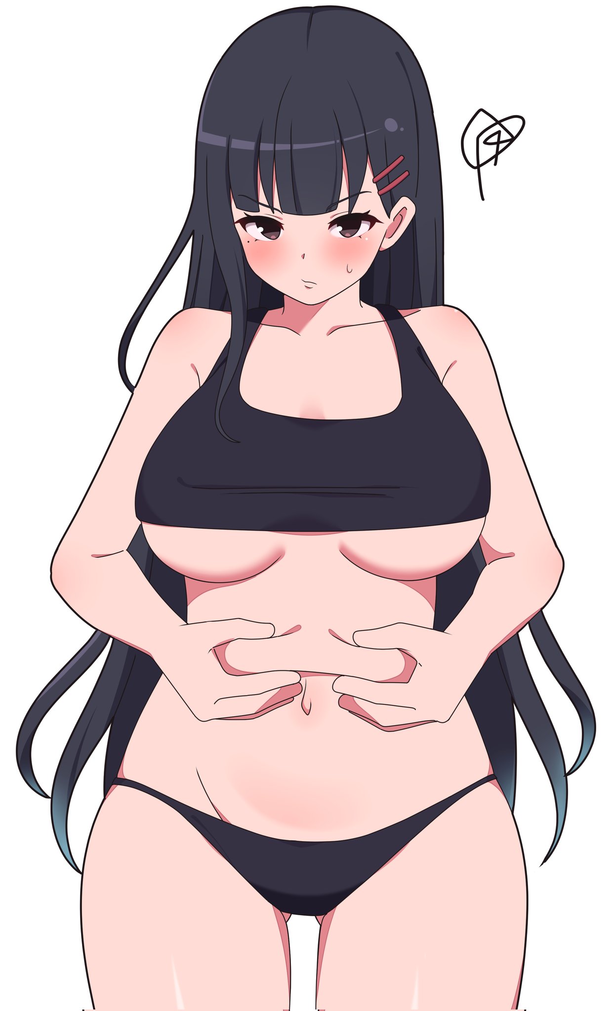 1girl ass_visible_through_thighs bare_arms black_hair black_panties black_shirt blunt_bangs blush breasts brown_eyes closed_mouth cowboy_shot crop_top curvy frown hair_ornament hairclip highres large_breasts lips long_hair looking_at_viewer mole mole_under_eye navel original panties plump shirt simple_background solo squiggle standing stomach sweatdrop underboob underwear v-shaped_eyebrows very_long_hair weight_conscious white_background zlmh7okwwbmghfo