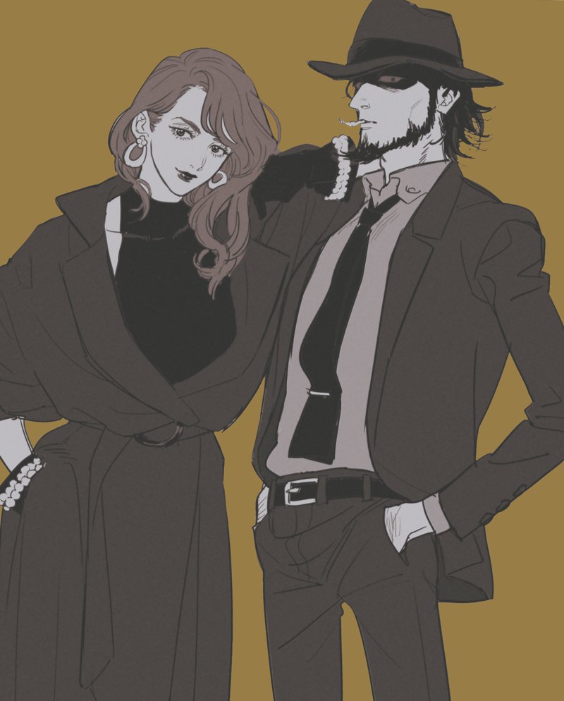 1boy 1girl adam's_apple arm_on_another's_shoulder beard belt brown_background cigarette coat collared_shirt dress earrings eyelashes facial_hair gloves greyscale_with_colored_background hand_hair hands_in_pockets jacket jewelry jigen_daisuke long_hair lupin_iii maiko_(setllon) mine_fujiko necktie pants shaded_face shirt short_hair tie_clip